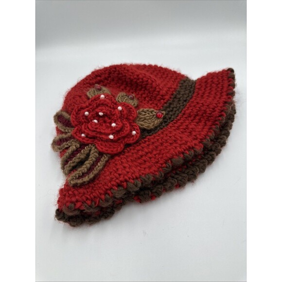 Unbranded Accessories - Crochet Red/Brown Knit Cloche Bucket Hat Women Winter Beanies Cap w flower Lined